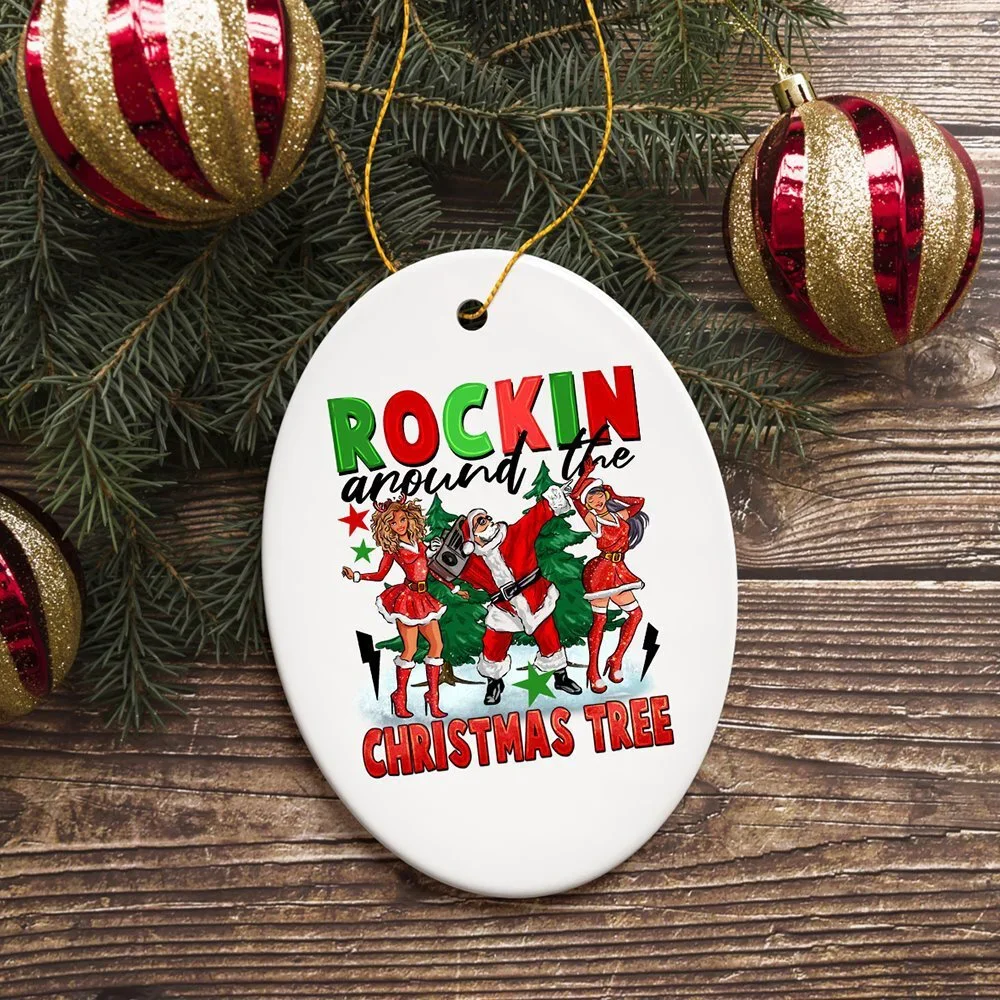 Rockstar Dancing Santa and the Ladies Cool and Funny Ornament, Rockin Around th